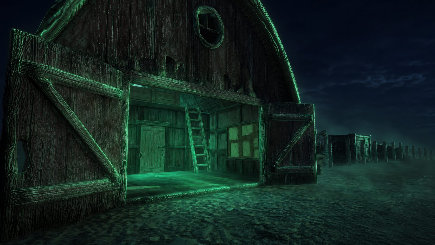 The barn Workshop at night with its doors open, interior ladder and loft glowing green, the fenceline fading into fog