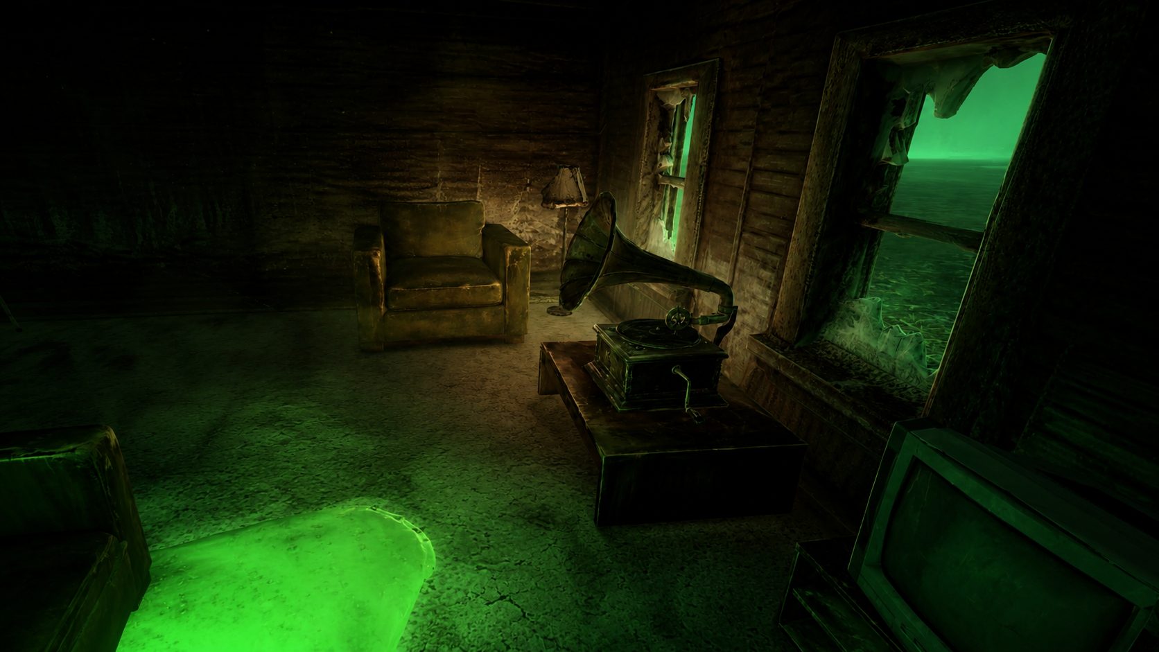 A weathered cabin interior at night with an armchair, gramophone and a glowing green Luminite spill across the floor