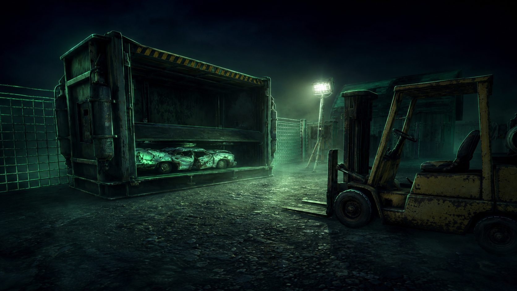 A crushed car inside the car crusher beside a rusted forklift at Carney's Auto Wreckers, lit green at night