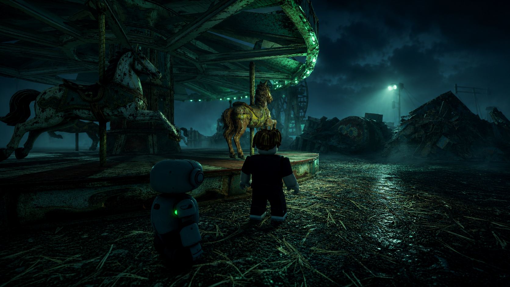 The player and the LS1000 robot before a derelict carousel at night, its canopy strung with green lights and a single gilded horse left on the platform