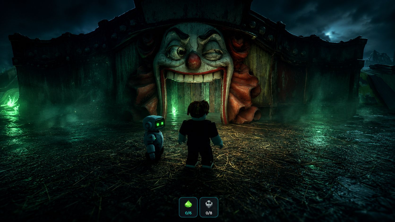 The player and the LS1000 robot facing the funhouse entrance at night — an enormous grinning clown face with its open mouth for a doorway