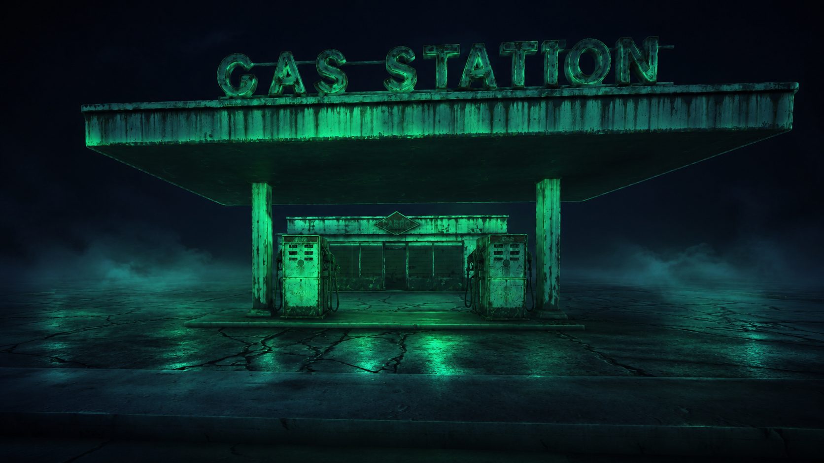 The abandoned Carro gas station lit green at night, neon GAS STATION sign glowing above the pumps in Atmosphere Mode