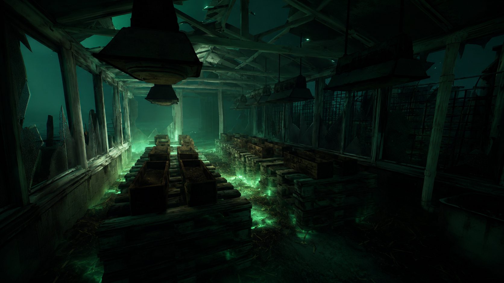 Inside the derelict greenhouse at night, rows of planters glowing green beneath shattered glass and hanging lamps