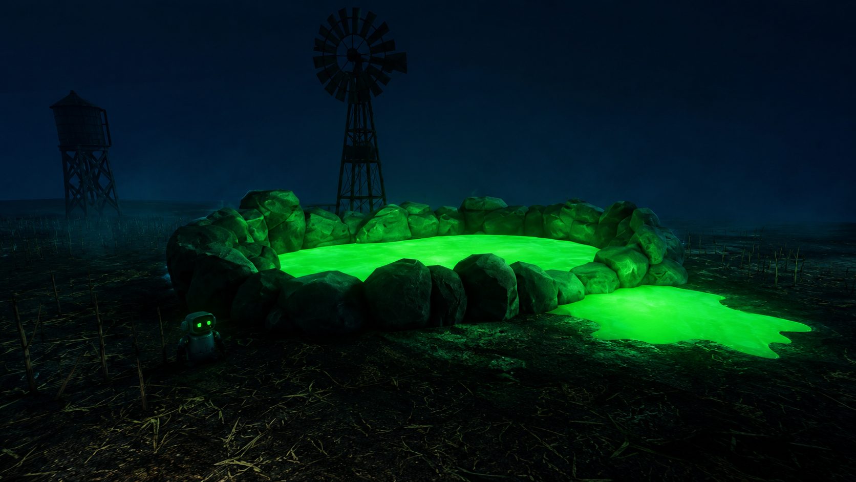 The LS1000 robot beside the glowing green Luminite pond ringed with boulders, windmill and water tower silhouetted in the fog
