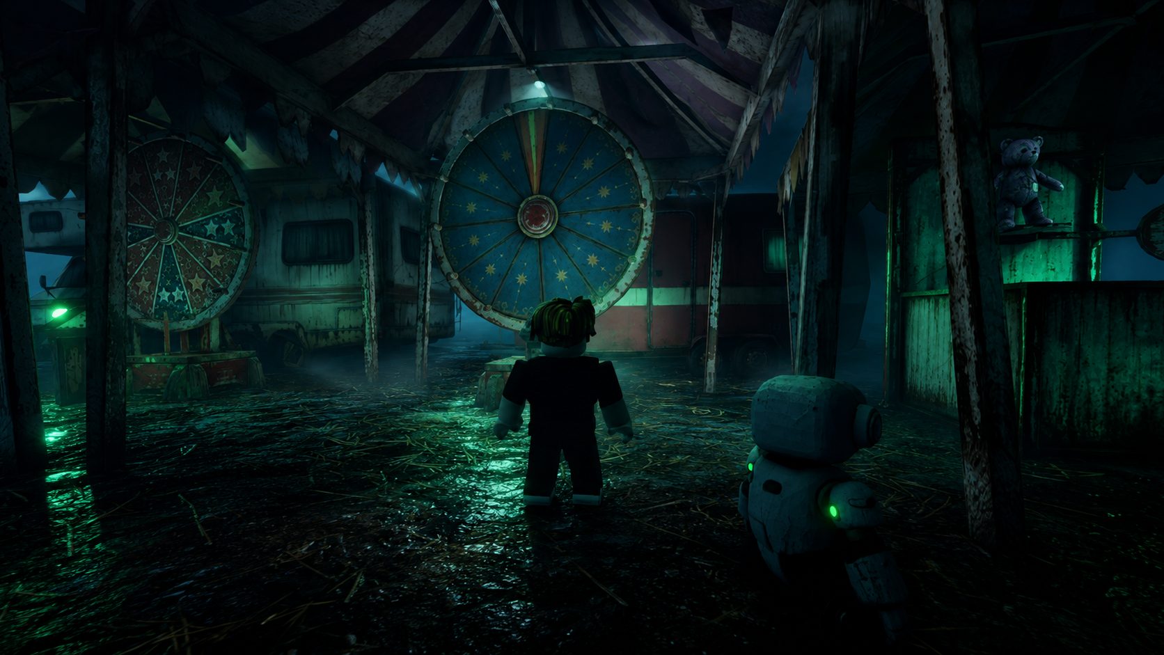 Two giant prize wheels beneath a striped carnival tent at night, a forgotten teddy bear still sitting on the prize counter under green light