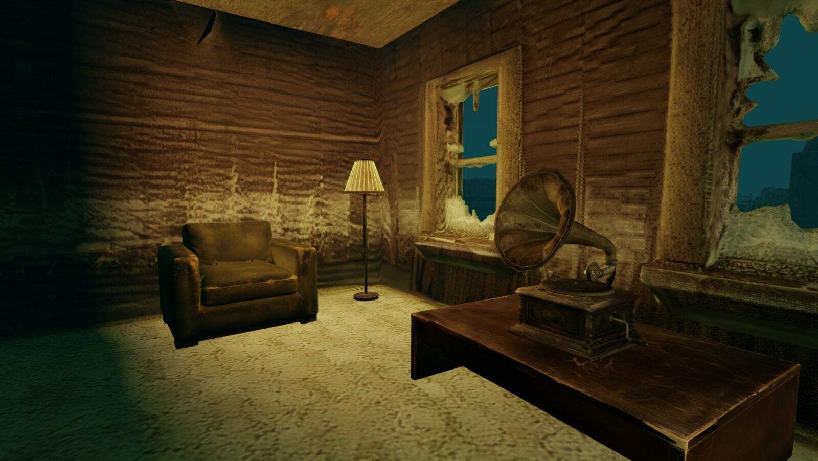 Inside Carney's House: an armchair, a floor lamp and a gramophone on a low table in a worn wooden room