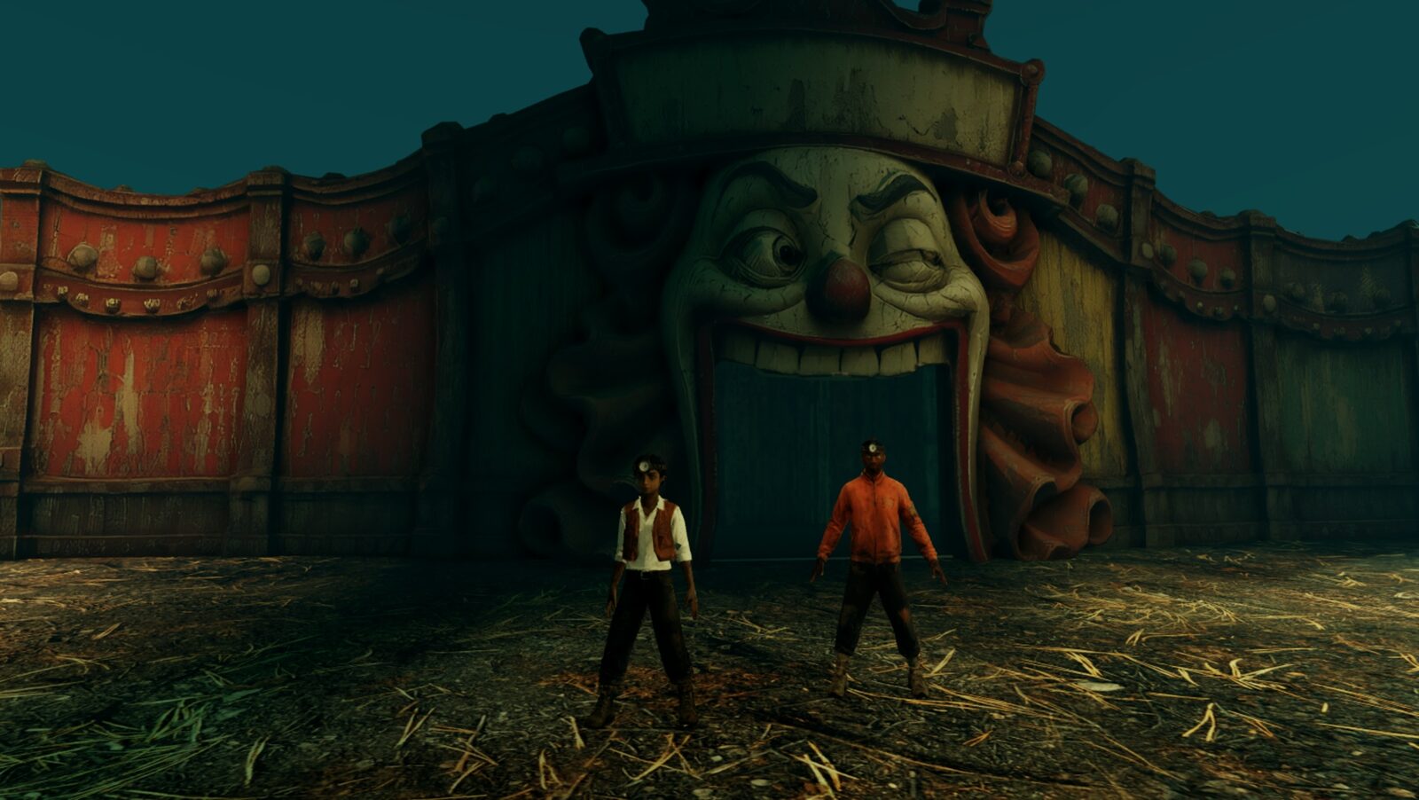 Two survivors at the funhouse entrance, a giant clown face with its open mouth for a doorway
