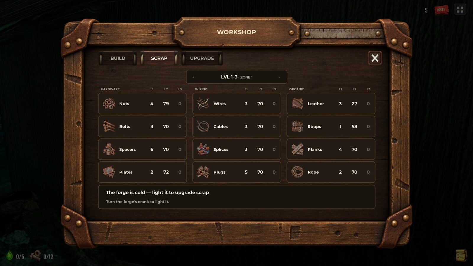 The Workshop's Scrap page, listing the player's scrap by type and level