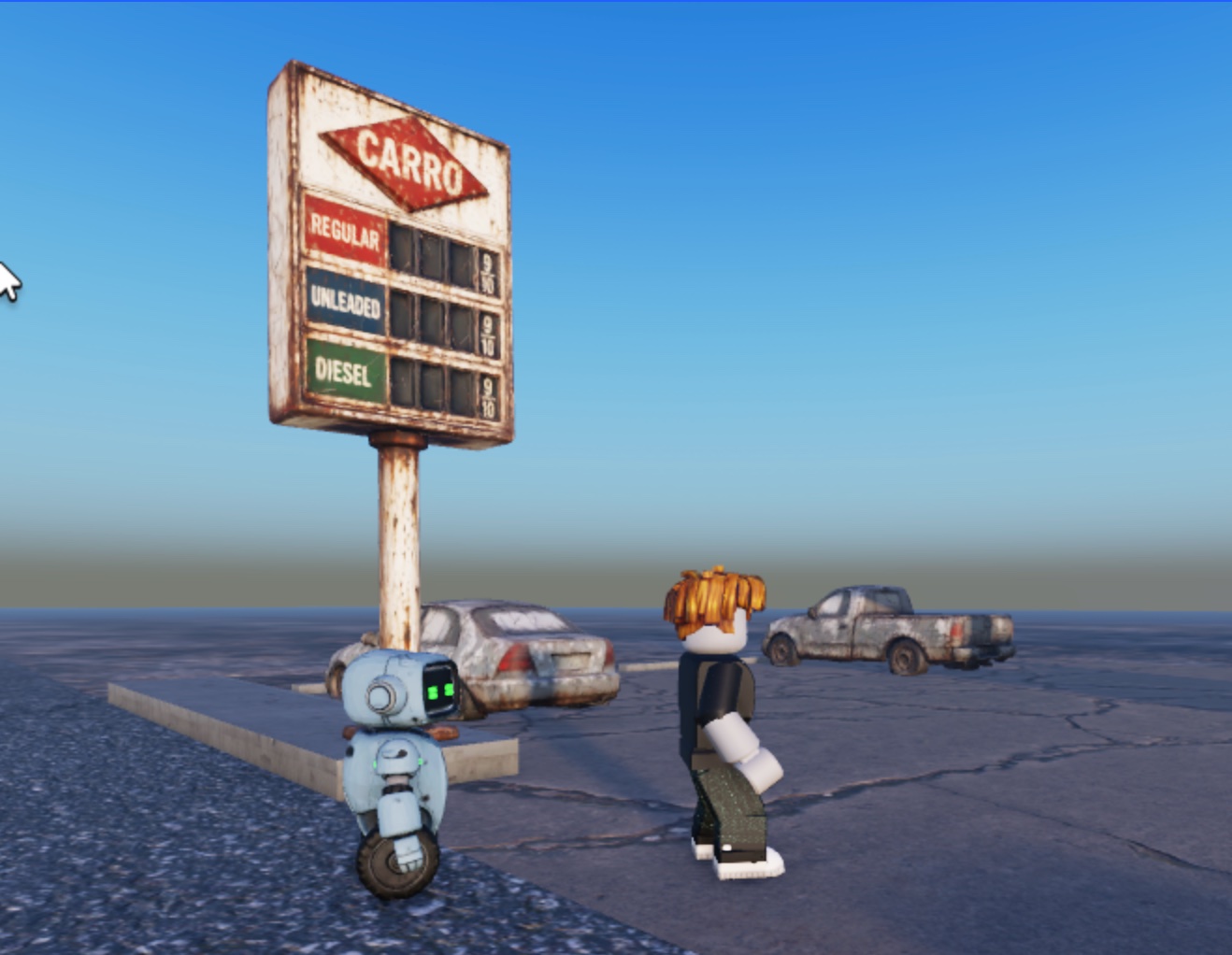 Carro gas station price sign with rusted vehicles in the parking lot