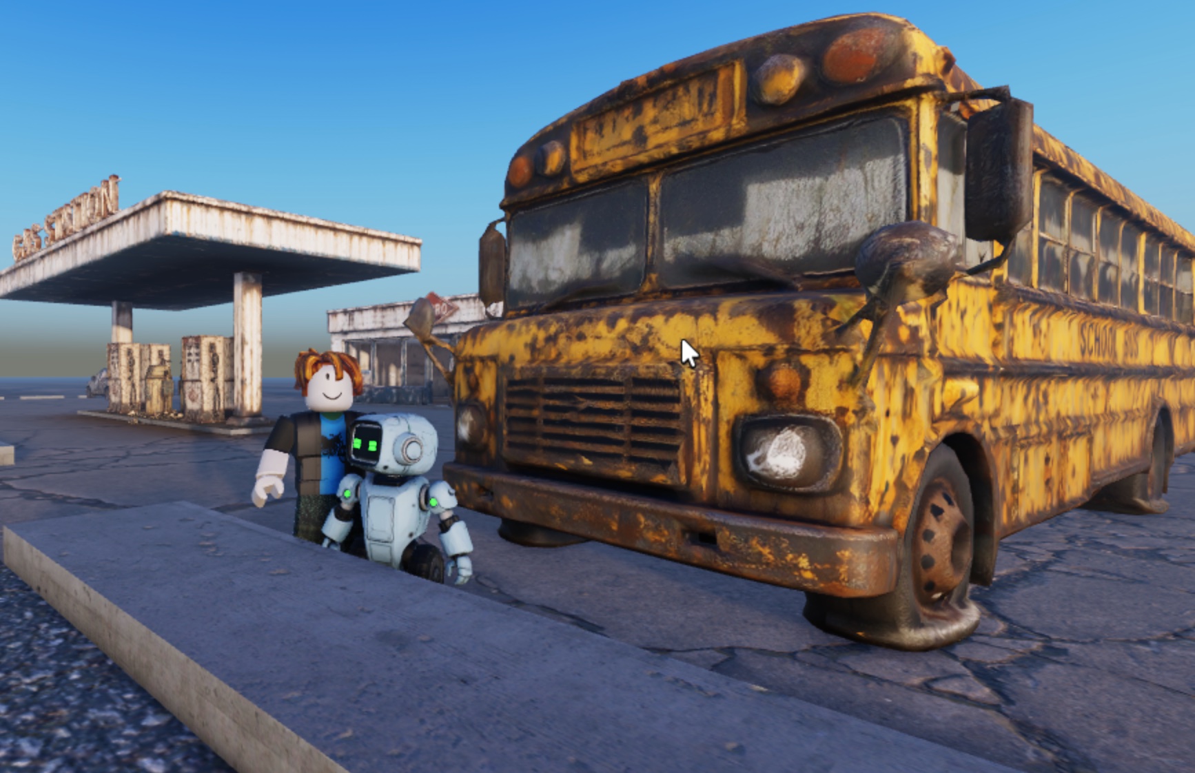 Player and LS1000 beside a rusted school bus near the gas station