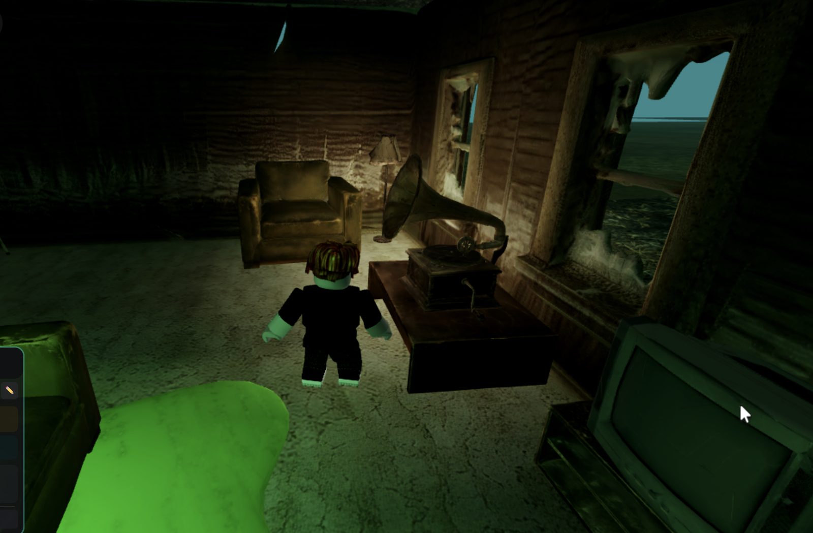 In-game capture of the cabin interior with an armchair, gramophone, old TV and a glowing green Luminite spill across the floor
