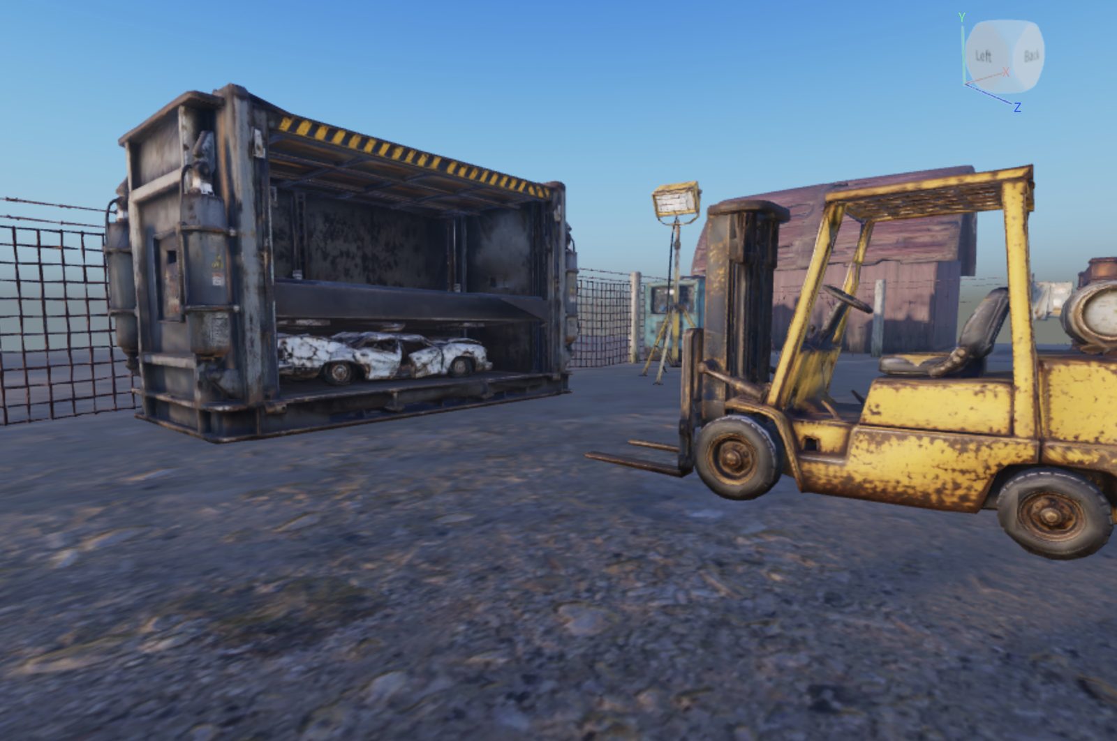Roblox Studio editor view of the car crusher with a crushed car inside, beside a rusted yellow forklift in the wreckers yard
