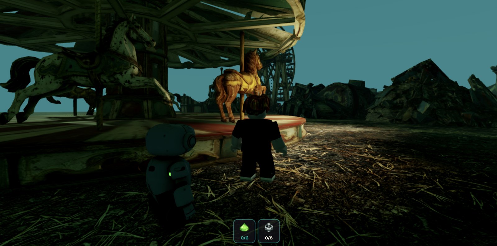 In-game capture of the derelict carousel — the player and LS1000 robot beside the platform and its remaining horses, scrap piles heaped beyond