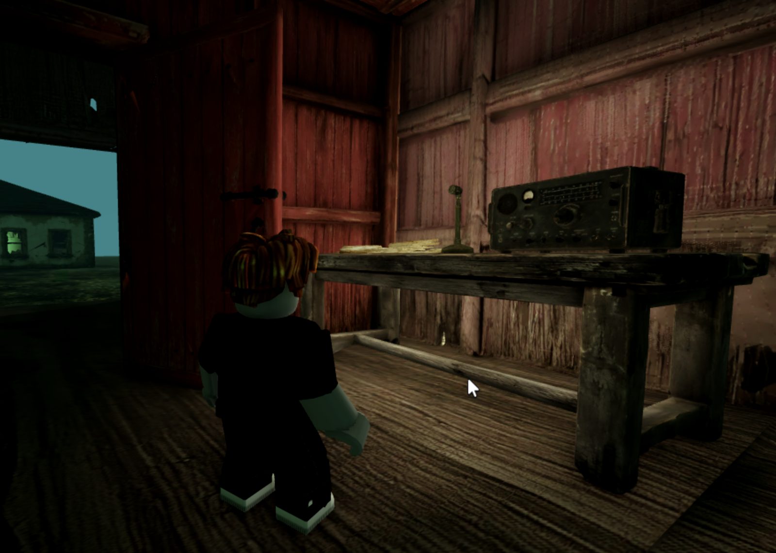 In-game capture of the barn comms station — the player beside a workbench with a vintage radio transceiver, the residence through the open door