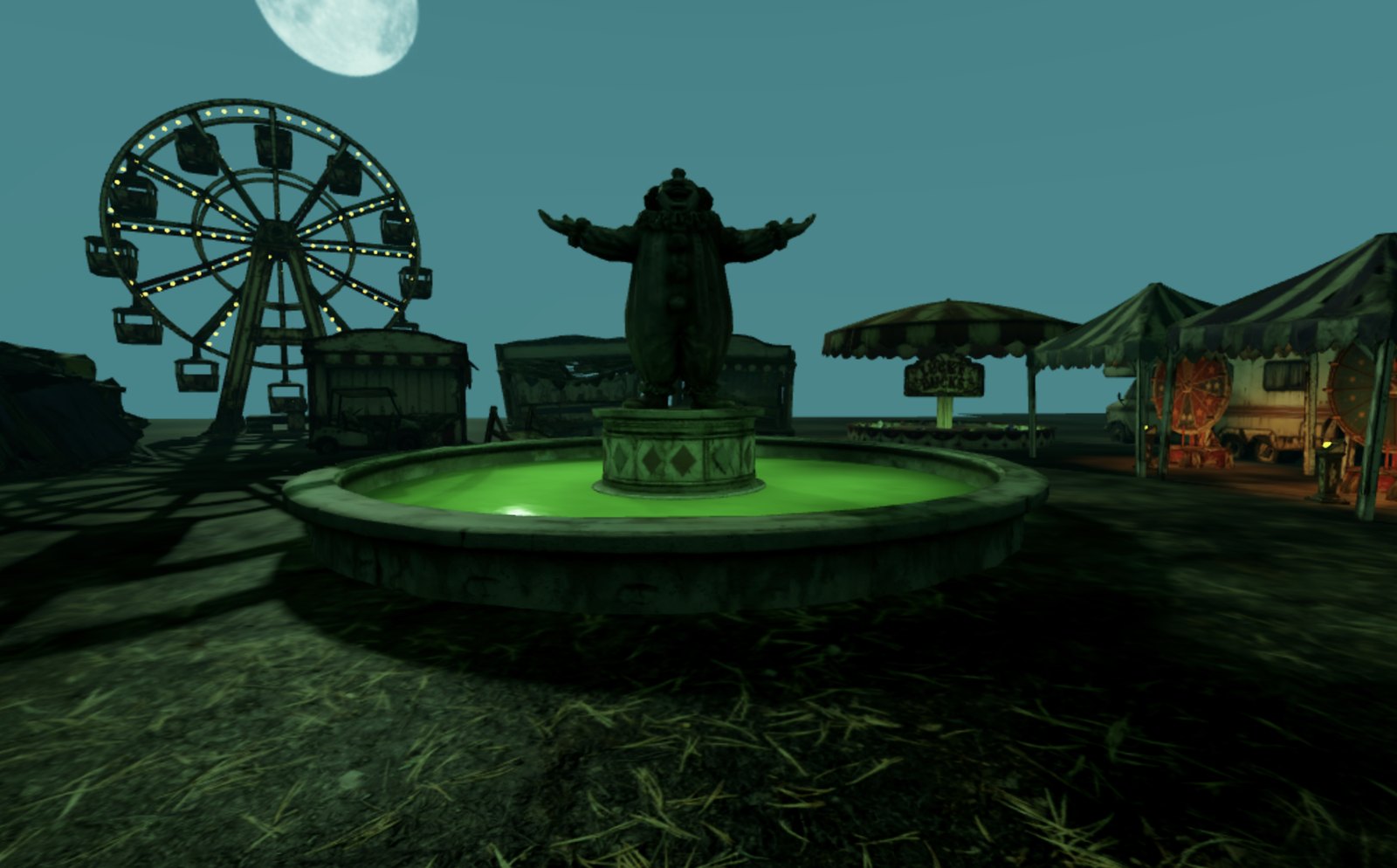 In-game capture of the clown statue fountain and its green water, the Ferris wheel and carnival tents of Carney's standing behind it