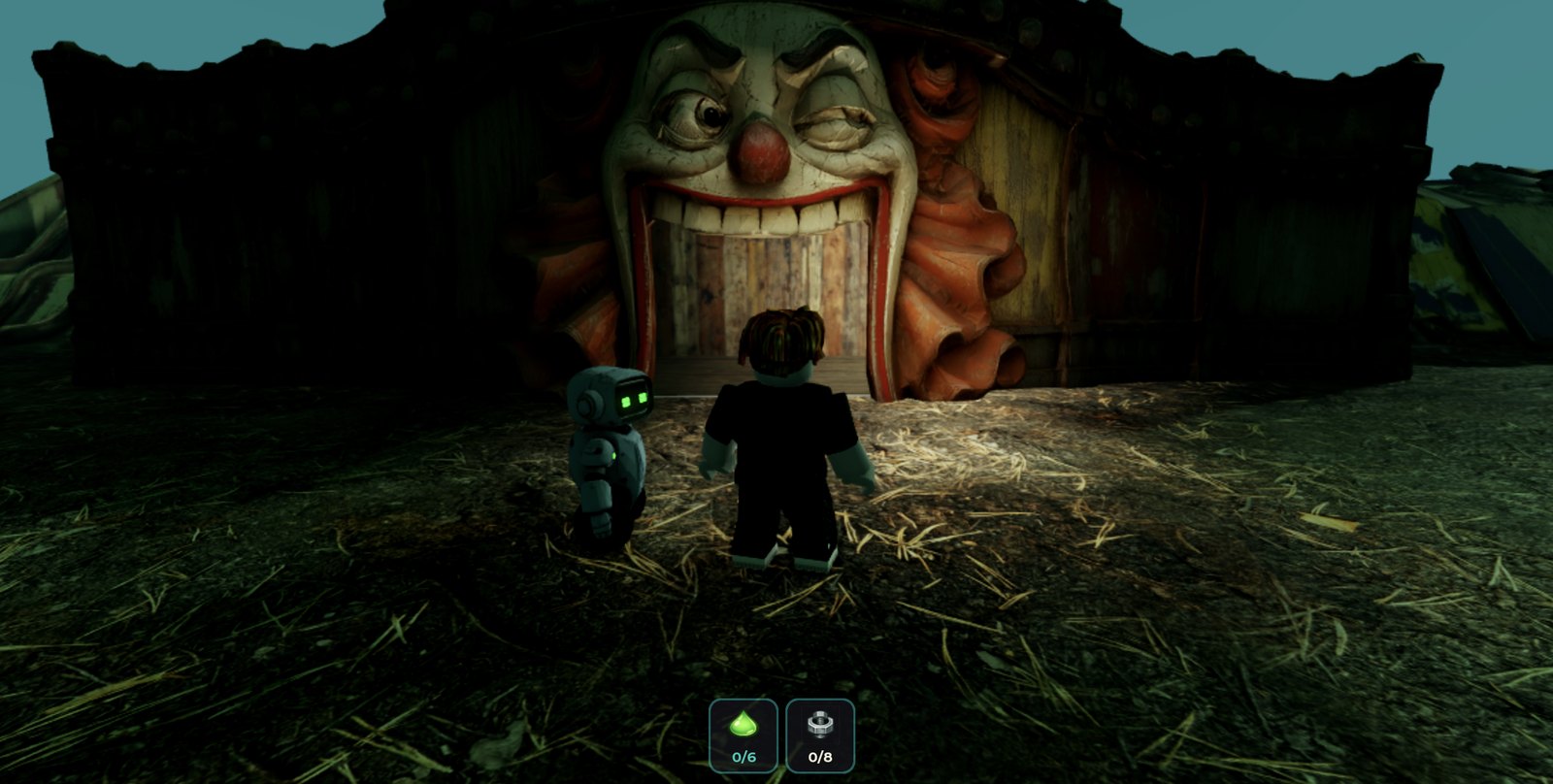 In-game capture of the funhouse entrance, the player and LS1000 robot facing a giant grinning clown face with a doorway for a mouth