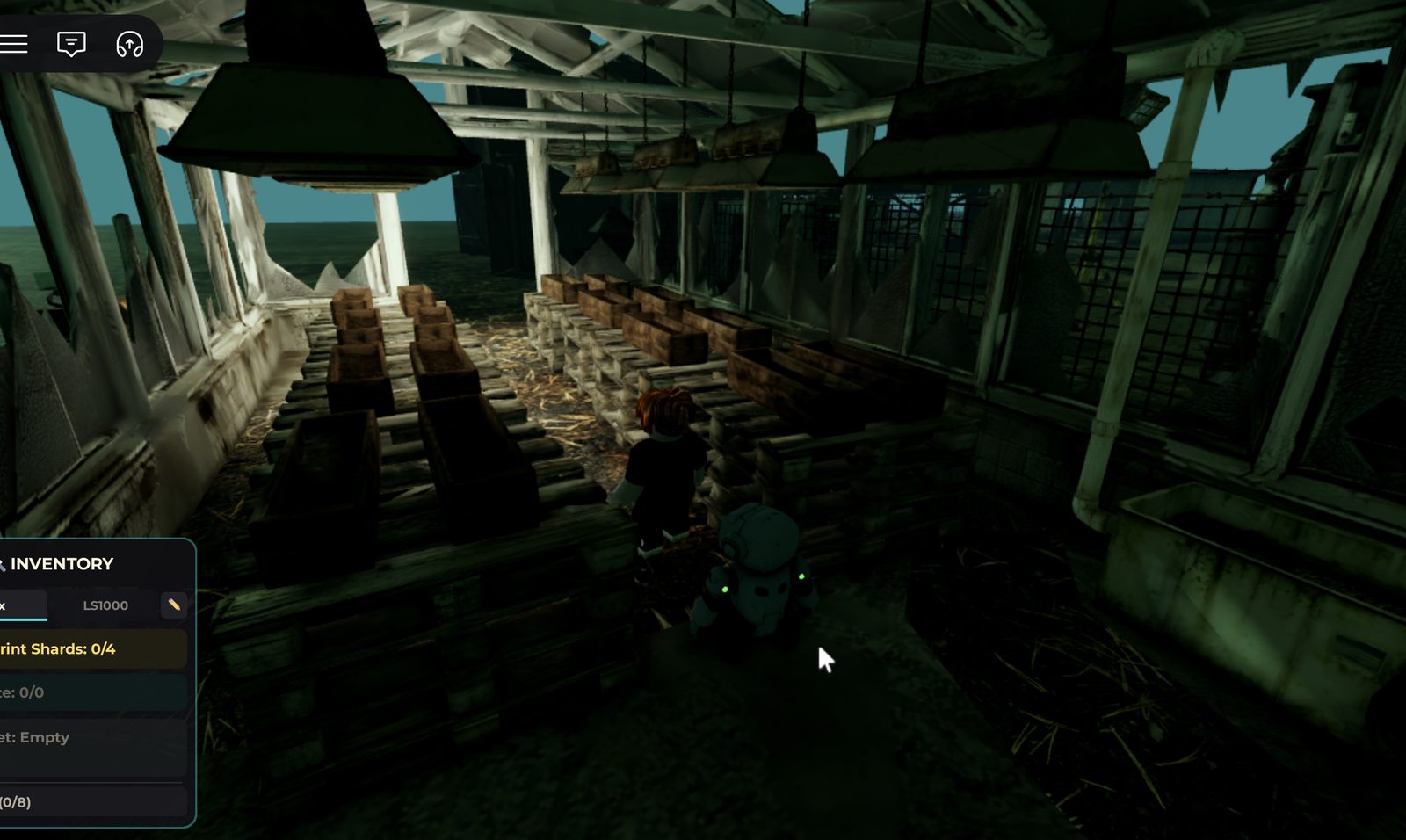 In-game capture inside the derelict greenhouse with the inventory HUD showing Blueprint Shards, planters and hanging lamps under a broken roof