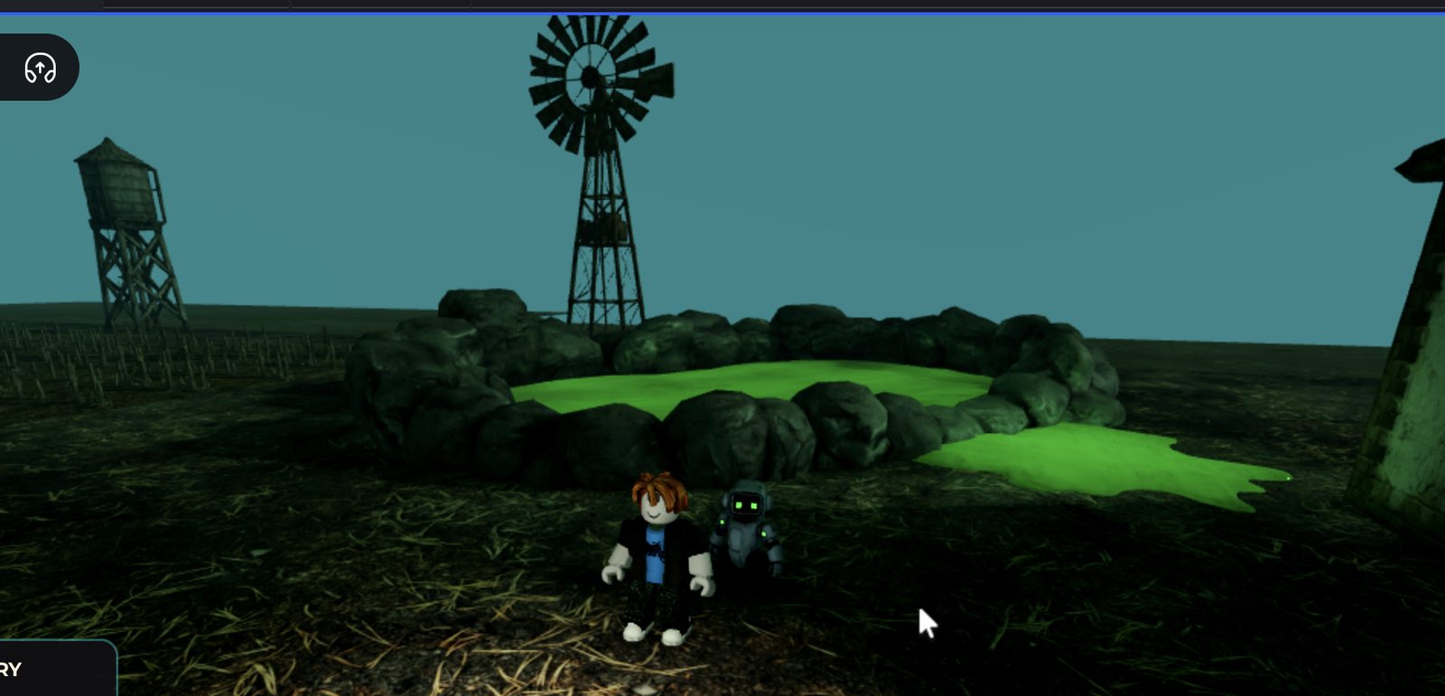 In-game capture: the player and LS1000 robot standing by the boulder-ringed Luminite pool, windmill and water tower behind