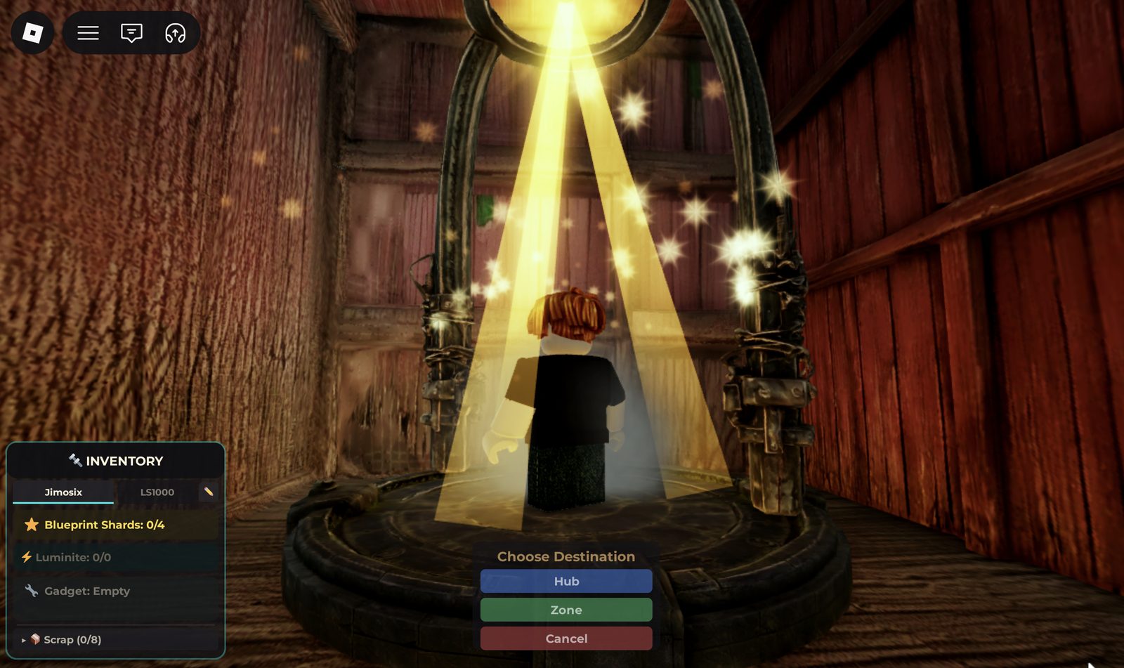 In-game capture of the barn portal with a golden light beam and the Choose Destination prompt offering Hub, Zone or Cancel