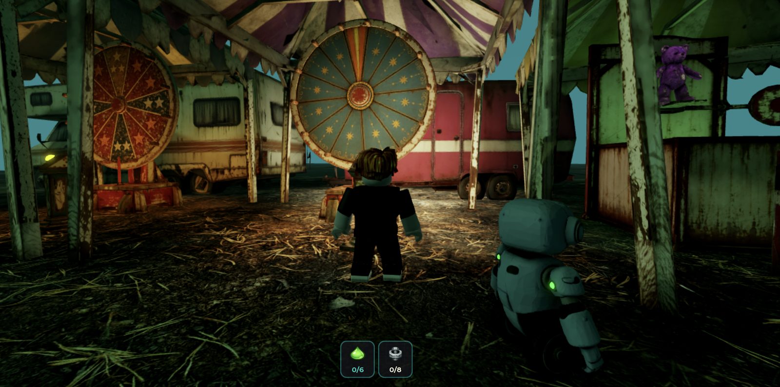 In-game capture beneath the prize wheel tent — the player and LS1000 robot between two carnival wheels, trailers and a purple teddy bear prize behind, Luminite and scrap counters on the HUD